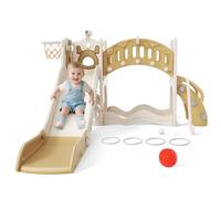 Krovtoy Toboggan pour Enfants,Toboggan autoportant avec Panier de Basket, Structure d'escalade pour Tout-Petits, Long Pont d'escalade, télescope,Jardin extérieur, Aire de Jeux pour bébés (Kaki-6)