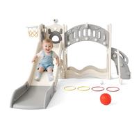 KrovtoyToboggan pour Enfants,Toboggan autoportant avec Panier de Basket, Structure d'escalade pour Tout-Petits,avec Couloir,télescope,Aire de Jeux pour bébés,Toboggan de Jardin extérieur (Gris-6)