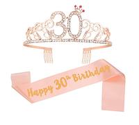 KroY PecoeD 30 Ans Couronne Anniversaire Écharpe, Rose Anniversaire Ceinture et Diadème pour Femme, Diademe Princesse Happy 30th Birthday Costume Accessoire Décoration Anniversaire Cadeau