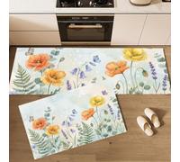 KRSAZCM Aquarelle Pastorale Lot de 2 Tapis Cuisine antidérapants lavables, Fleurs Sauvages Jacinthe des Bois Printanières Tapis de Cuisine, Vert Clair - 50x80+50x120cm