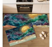 KRSAZCM Art Abstrait Tapis de Cuisine Devant Evier Antidérapant Lavable, Colline La Lune À L'Aquarelle Tapis Couloir Absorbant pour Buanderie Cuisine Salle de Bain - 44x70+44x120cm