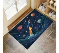 KRSAZCM Bleu Foncé Paillasson Attrape-Poussière, Planète Fusée Tapis de Sol Antidérapant, Univers Dessins Animés Absorbantes pour Entrée Porte Couloir - 50 x 80 cm