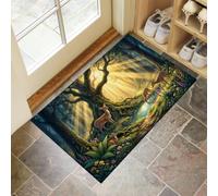 KRSAZCM Cerf Forêt Paillasson Intérieur, 90 x 150 cm Tapis Entrée Extérieur Antidérapant, Contes Fées Fantastiques Tapis pour Entrée Lavable Cuisine Salle de Bain- Gazon Vert