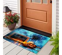 KRSAZCM Dark Fantasy Paillasson D'Entrée Discret Absorbant - 50 X 80 Cm - Antidérapant -Forêt Bougies Citrouille Tapis De Sol pour Entrée d'animaux Salle De Bain - Bleu-Gris