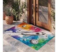KRSAZCM Espace Aquarelle Paillasson D'Entrée Discret Absorbant - 50 X 80 Cm - Antidérapant -Planète Fusée Tapis De Sol pour Entrée d'animaux Salle De Bain - Coloré