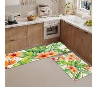 KRSAZCM Fleurs Aquarelles Tapis de Cuisine 2 pièces, Feuilles Palmier Hibiscus Tapis de Cuisine antidérapant, Bleu-Vert Absorbant l'huile pour Couloir, Salle à Manger - 50x80+50x120cm