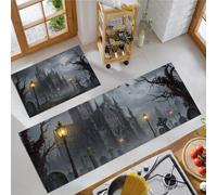 KRSAZCM Gothique Sombre Tapis de Cuisine 2 pièces, Réverbères Castle Tombstone Tapis de Cuisine antidérapant, Gris Argenté Tapis de Sol de Cuisine Absorbant résistant aux Taches - 50x80+50x120cm