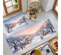 KRSAZCM Lot de 2 Tapis de Cuisine Forêt des Contes Fées, Absorbant Tapis Sol Cuisine Lumière Dorée du Village La Forêt Pins, Décorations de Noël Bleu Clair pour Porte et Intérieur - 40x60+40x120cm