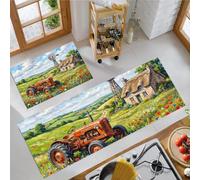 KRSAZCM Peinture À l'huile Ferme Tapis de Cuisine 2 pièces, Moulin À Vent Poppy Tapis de Cuisine, Gazon Vert Tapis de Sol de Cuisine Absorbant résistant aux Taches - 50x80+50x120cm