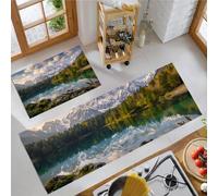 KRSAZCM Réalisme Européen Tapis de Cuisine Devant Evier Antidérapant Lavable, Montagnes Enneigées Forêts Pins Denses Tapis Couloir Absorbant pour Buanderie Cuisine Salle de Bain - 43x75+43x150cm