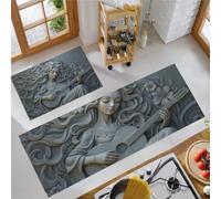 KRSAZCM Relief Rétro Tapis de Cuisine Devant Evier Antidérapant Lavable, Une Beauté Aux Longs Cheveux Jouant La Guitare Tapis Couloir Absorbant pour Buanderie Cuisine Salle de Bain - 40x60+40x120cm