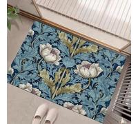KRSAZCM Rétro William Morris Paillasson D'Entrée Discret Absorbant - 45 x 75 cm - Antidérapant -Tiges Feuilles Tulipes Tapis De Sol pour Entrée d'animaux Salle De Bain - Bleu Foncé