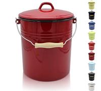 KRÜGER Poubelle avec couvercle - Poubelle en acier avec revêtement en émail et poignée en bois - Surface résistante aux coupures et aux rayures - Durable et polyvalente (10 l, rouge)