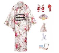 KRUIHAN Ensemble de Yukata Kimono Japonais Femme,Robe Kimono en Satin avec Obi et Nœud,Deguisement Femme pour Photographie,Scène et Fête avec Accessoires dans Une Boîte-Cadeau,Fleur de Cerisier,Blanc