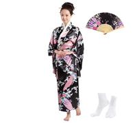 KRUIHAN Kimono Japonais Femme Satin Yukata Deguisement Geisha,Ensemble avec Eventail Pliant & Chaussettes Tabi,Idéal pour Cosplay,Fête,Soirée,Costume Carnaval,Spectacle,Style A-Noir,Grandeur S