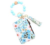Krujecnt Porte-clés à pompons | Sac porte-clés à pompons en perles pour cartes de crédit | Porte-clés portefeuille avec motif floral pour rendez-vous, voyage, voyage d'affaires, bleu clair, Refer to