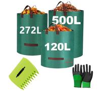 Krukmak - Lot de 3 sacs de jardin 120L 272L 500L + ramasse-feuille + gants - Sacs de déchets verts pliables, solides et réutilisables pour feuilles mortes, tonte et jardinage - Kit Complet