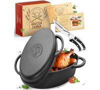 KRUSTENZAUBER 38 cm Cocotte en fonte avec couvercle, adaptée au four, pince à poulet incluse - 9 kg, idéale pour la cuisson de l'oie - Casserole XXL, cocotte, poêle à frire, induction, poêle en fonte