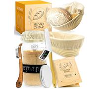 KRUSTENZAUBER Lot de 2 paniers de fermentation et kit de démarrage au levain de 600 ml dans un pack avantageux - Paniers de fermentation en rotin avec chiffon de fermentation et verre de fermentation