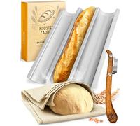 KRUSTENZAUBER Moule à baguette anti-adhésif avec lignes de boulangerie et couteau de boulanger, 3 plaques de cuisson pour baguettes, moule à pain, moule à baguette, plateau à baguette, pain