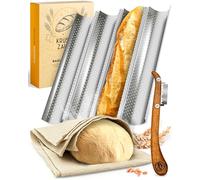 KRUSTENZAUBER Moule à baguette antiadhésif avec toile de boulangerie et couteau de boulangerie - 4 plaques de cuisson pour baguettes - Idéal comme plaque à baguettes, moule à pain, moule à baguette,