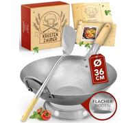 KRUSTENZAUBER Poêle wok en acier au carbone - 36 cm - Avec fond plat - Traditionnelle - Avec spatule et anneau - Convient pour l'induction - Woklette, accessoires