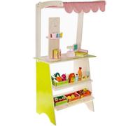Stand de marché pour enfants en bois avec auvent et accessoires 25 pièces Légumes Fruits Caisse Alimentaire Balance Tableau Magasin de marchand 24888