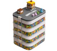 KRUZZEL Boîte de rangement pour briques de construction 29L avec poignée et séparateurs - Boîte à empiler transparente sur 4 niveaux pour jouets et fournitures scolaires pour enfants