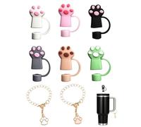 KRVNTH Accessoires Cup 40oz, 6x Embouts de Paille Patte de Chat Silicone 10mm + 2 Pendentifs pour Gourde Quencher, Anti-poussière & Réutilisable, Hygiène et Style.