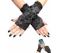 KRVNTH Gants Percés 1 Paire, Finition Effilochée Punk, Élasticité Adaptative Pour Déguisement Halloween & Lara Croft, Port Long Cosplay (Noir)