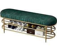 KRXSOBNV Banc de Rangement de Chaussures, Organisateur de Chaussures for entrée avec siège en Velours et Cadre en métal doré(Green,120 * 35 * 45cm)