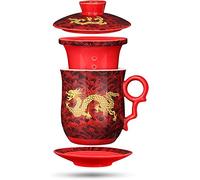 KRXSOBNV Bol à thé avec couvercle, Bols, ensemble de 4 tasses à thé motif dragon chinois avec passoire, infuseur, couvercle et soucoupe, tasse en céramique, personnelle porcelaine chinoise 1(Red)