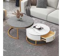 KRXSOBNV, Ensemble de 2 Tables Basses Rondes Modernes à Texture de marbre - Table d'appoint gigogne élégante, avec tiroir de Rangement, for Le Salon,Tables de Sol(14,70 * 50cm/27.5 * 19.6in)