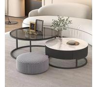 KRXSOBNV, Ensemble de 2 tables basses rondes modernes, motif de cercle en bois en relief, cadre en métal - parfait pour salon, balcon, bureau,Repose-pieds(Svart,Large)