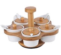 KRXSOBNV, Ensemble en céramique 5 en 1, Pots à condiments, boîte d'assaisonnement, Pots à épices, récipient for sucre/sel/poivre avec couvercles, plateau for boîte de cuisine,Bocaux d'assaisonnement