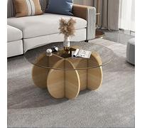 KRXSOBNV, Table basse avec plateau en verre et base en bois massif - Table centrale ronde moderne, pour salon et patio - Table d'appoint avec plateau en verre trempé transparent, repose-pieds