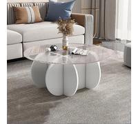 KRXSOBNV, Table basse en verre avec base en bois massif - Table centrale ronde moderne, pour salon et terrasse - Table basse en verre trempé transparent, repose-pieds (blanc + rose, 70 x 40 cm)