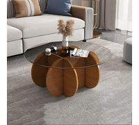 KRXSOBNV, Table basse en verre avec base en bois massif - Table centrale ronde moderne, pour salon et terrasse - Table basse en verre trempé transparent, repose-pieds (chêne + blanc, 70 x 40 cm)