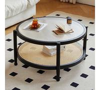 KRXSOBNV, Table Basse Ronde en Bois de Ferme de Style Moderne, avec Plateau en Verre et étagère de Rangement, Petite Table Basse Circulaire for Salon,Tables de Sol(Black)