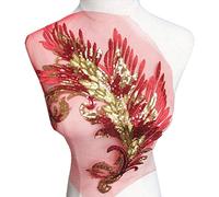 KRXSOBNV, Tissu en Dentelle brodé de Plumes et de Paillettes, Motif Floral, Garniture en Filet, Motif de Couture, Robe de mariée, Bricolage Artisanal ，Appliqués à Coudre(Red)