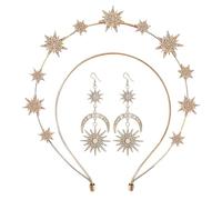 KRYMSON 1 bandeau double couche avec étoile et 1 paire de boucles d'oreilles en forme d'étoile et de lune, bandeau diamant doré, bandeau en strass étoilé, vêtements de soleil, de lune et d'étoile