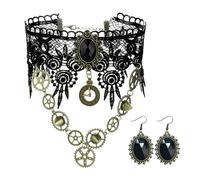 KRYMSON 1 collier en dentelle et 1 paire de boucles d'oreilles en cristal, collier steampunk, collier gothique, collier d'équipement vintage pour femmes et filles (noir), 29 cm, Métal