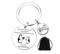 KRYMSON 1 porte-clés pingouin éternel, 1 sac de rangement noir de 8 x 10 cm, cadeau de pingouin, porte-clés pingouin, porte-clés pingouin, cadeau pour femme, argenté, taille unique