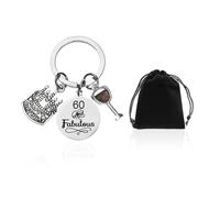 KRYMSON 1 porte-clés pour 60e anniversaire, 1 sac de rangement, porte-clés en acier inoxydable, porte-clés gravé, porte-clés médaille, porte-clés unique, argenté, 22 * 22 mm