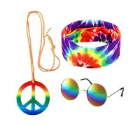 KRYMSON Déguisement hippie 3 pièces avec lunettes de soleil Pop Bandana Batik pendentif signe de la paix costume rétro disco accessoires de mode unisexe nuit multicolore taille unique