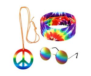 KRYMSON Déguisement hippie 3 pièces avec lunettes de soleil Pop Bandana Batik pendentif signe de la paix costume rétro disco accessoires de mode unisexe nuit multicolore taille unique