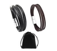KRYMSON Lot de 2 bracelets en cuir avec boucles en acier inoxydable, 1 pochette en velours, bracelets tissés, accessoires personnalisés, design créatif unique (noir, marron)