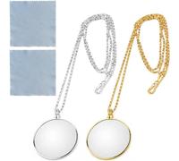 KRYMSON Lot de 2 colliers en alliage, loupe x5 avec 2 chiffons de nettoyage en fibre, collier vintage portable avec loupe pour lire et observer les insectes, doré et argenté