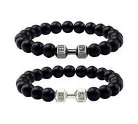 KRYMSON Lot de 2 paires de bracelets mats, bracelets de perles, bracelets d'haltères, cadeaux en métal lourd, cadeaux de fitness pour hommes et femmes, bracelets de yoga, bracelets apaisants (noir),