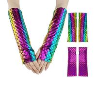 KRYMSON Lot de 2 paires de gants sans doigts en écailles de poisson, gants d'écailles de sirène, mitaines en écailles de poisson, gants de spectacle de scène d'Halloween, accessoires de costume,